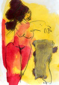 Frau mit Schädel, 2004, ink/pencil/paper, 13,5x10cm